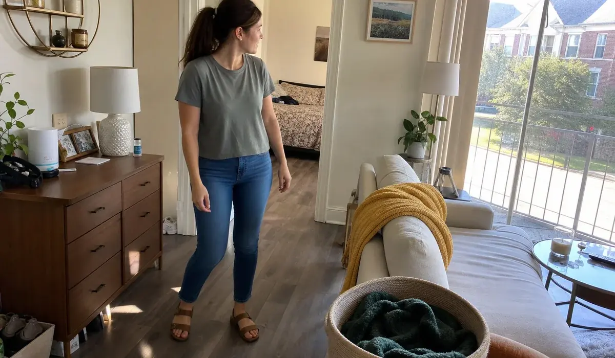 Renter touring a bright apartment
